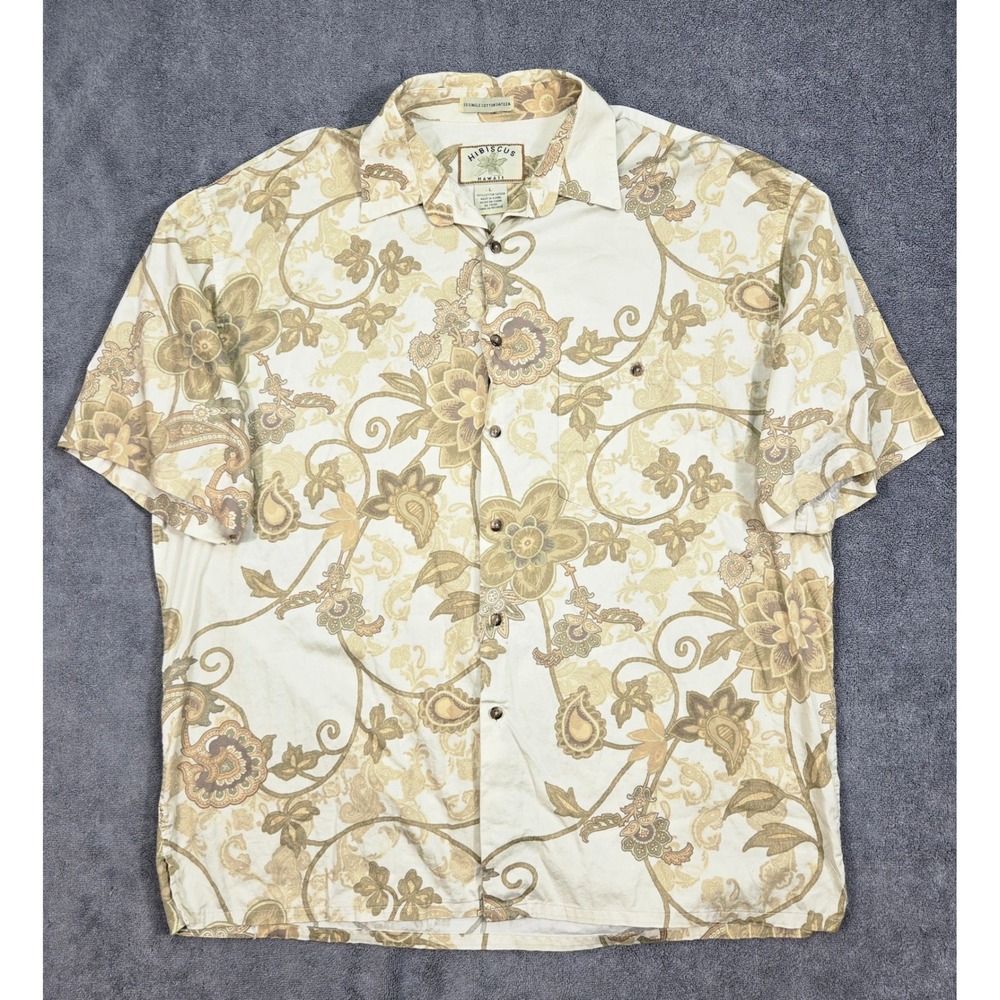Hibiscus Hawaii Floral Paisley Shirt Mens Large Beige Cotton Sateen Excellent